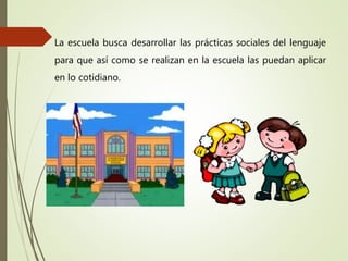 La escuela busca desarrollar las prácticas sociales del lenguaje
para que así como se realizan en la escuela las puedan aplicar
en lo cotidiano.
 