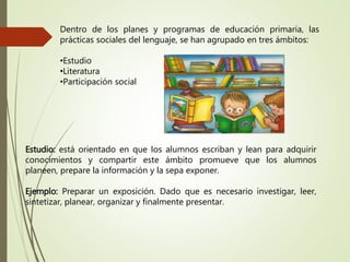 Dentro de los planes y programas de educación primaria, las
prácticas sociales del lenguaje, se han agrupado en tres ámbitos:
•Estudio
•Literatura
•Participación social
Estudio: está orientado en que los alumnos escriban y lean para adquirir
conocimientos y compartir este ámbito promueve que los alumnos
planeen, prepare la información y la sepa exponer.
Ejemplo: Preparar un exposición. Dado que es necesario investigar, leer,
sintetizar, planear, organizar y finalmente presentar.
 