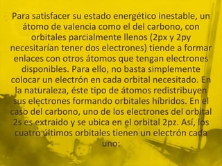 Para satisfacer su estado energético inestable, un
   átomo de valencia como el del carbono, con
      orbitales parcialmente llenos (2px y 2py
necesitarían tener dos electrones) tiende a formar
 enlaces con otros átomos que tengan electrones
   disponibles. Para ello, no basta simplemente
colocar un electrón en cada orbital necesitado. En
 la naturaleza, éste tipo de átomos redistribuyen
 sus electrones formando orbitales híbridos. En el
caso del carbono, uno de los electrones del orbital
 2s es extraido y se ubica en el orbital 2pz. Así, los
 cuatro últimos orbitales tienen un electrón cada
                        uno:
 