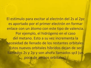El estímulo para excitar al electrón del 2s al 2pz
 es aportado por el primer electrón en formar
enlace con un átomo con este tipo de valencia.
      Por ejemplo, el hidrógeno en el caso
    del metano. Esto a su vez incrementa la
necesidad de llenado de los restantes orbitales.
  Estos nuevos orbitales híbridos dejan de ser
llamados 2s y 2p y son ahora llamados sp3 (un
           poco de ambos orbitales):
 