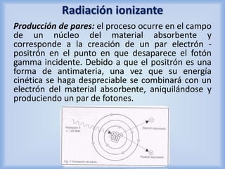 Radiación ionizante 
Producción de pares: el proceso ocurre en el campo 
de un núcleo del material absorbente y 
corresponde a la creación de un par electrón - 
positrón en el punto en que desaparece el fotón 
gamma incidente. Debido a que el positrón es una 
forma de antimateria, una vez que su energía 
cinética se haga despreciable se combinará con un 
electrón del material absorbente, aniquilándose y 
produciendo un par de fotones. 
 