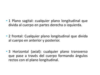 • 1 Plano sagital: cualquier plano longitudinal que 
divida al cuerpo en partes derecha o izquierda. 
• 2 frontal: Cualquier plano longitudinal que divida 
al cuerpo en anterior y posterior. 
• 3 Horizontal (axial): cualquier plano transverso 
que pase a través del cuerpo formando ángulos 
rectos con el plano longitudinal. 
 