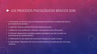 ► LOS PROCESOS PSICOLÓGICOS BÁSICOS SON:
• 1.-Percepción: La forma en que son interpretado los estímulos recibidos del exterior
por medio de los sentidos.
• 2.-Atención: Proceso selectivo de la información necesaria.
• 3.-Memoria: Es la codificación retención y recuperación de la información.
• 4.-Emoción: Representan complejos estados psicológicos que dan un valor a la
ocurrencia de un acontecimiento.
• 5.-Motivación: Es una especie de fuerza que empuja a un sujeto a actuar.
• 6.-Aprendizaje: Adquisición de nuevos conocimientos que puede generar una nueva
conducta.
 