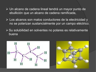  Un alcano de cadena lineal tendrá un mayor punto de
ebullición que un alcano de cadena ramificada,
 Los alcanos son malos conductores de la electricidad y
no se polarizan sustancialmente por un campo eléctrico.
Su solubilidad en solventes no polares es relativamente
buena
 