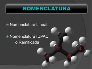  Nomenclatura Lineal.
 Nomenclatura IUPAC
o Ramificada
NOMENCLATURA
 