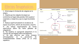 Efectos Terapéuticos
1.- Interrumpe la formación de coágulos en la
sangre.
2.- Impide que los coágulos de sangre ya
existentes se hagan más grandes. Esto ayuda al
organismo a romperlos y que no sigan haciéndole
daño
3.- Reduce significativamente la incidencia de
angina recurrente, infarto de miocardio y muerte.
4.- No influye negativamente de forma
significativa sobre los tests globales de
coagulación.
5.- No modifica la agregación plaquetaria ni la
fijación del fibrinógeno sobre las plaquetas.
6.- Es más efectiva que otras terapias
anticoagulantes en la prevención de
tromboembolismo venoso (TEV) en el ictus
isquémico.
 