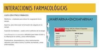 INTERACCIONES FARMACOLÓGICAS
USOS CON OTROS FÁRMACOS
Warfarina – empleada para reducir la coagulación de la
sangre.
Aspiri...