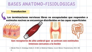 BASES ANATOMO-FISIOLOGICAS
Transduccion
Las terminaciones nerviosas libres no encapsuladas que responden a
estímulos nocivos se encuentran distribuidas en las capas superficiales
Son receptores de alto umbral que se activan con estímulos
intensos cercanos a la lesión
Allende Pérez S, Verástegui Avilés E. El ABC en Medicina Paliativa. 1ra ed. México: Panamericana; 2015. 350
p.
 