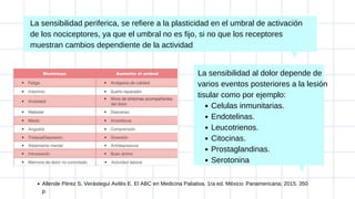 La sensibilidad periferica, se refiere a la plasticidad en el umbral de activación
de los nociceptores, ya que el umbral no es fijo, si no que los receptores
muestran cambios dependiente de la actividad
Celulas inmunitarias.
Endotelinas.
Leucotrienos.
Citocinas.
Prostaglandinas.
Serotonina
La sensibilidad al dolor depende de
varios eventos posteriores a la lesión
tisular como por ejemplo:
Allende Pérez S, Verástegui Avilés E. El ABC en Medicina Paliativa. 1ra ed. México: Panamericana; 2015. 350
p.
 