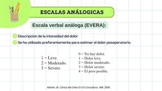 Descripción de la intensidad del dolor
Se ha utilizado preferentemente para estimar el dolor posoperatorio.
Aldrete JA. Clinica del Dolor En El Consultorio. Alfil; 2006.
ESCALAS ANÁLOGICAS
Escala verbal análoga (EVERA):
 