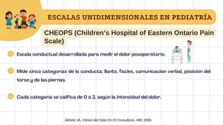 Aldrete JA. Clinica del Dolor En El Consultorio. Alfil; 2006.
CHEOPS (Children’s Hospital of Eastern Ontario Pain
Scale)
ESCALAS UNIDIMENSIONALES EN PEDIATRÍA
Escala conductual desarrollada para medir el dolor posoperatorio.
Mide cinco categorías de la conducta: llanto, facies, comunicación verbal, posición del
torso y de las piernas.
Cada categoría se califica de 0 a 3, según la intensidad del dolor.
 