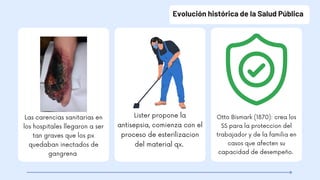 Evolución histórica de la Salud Pública
Las carencias sanitarias en
los hospitales llegaron a ser
tan graves que los px
quedaban inectados de
gangrena
Otto Bismark (1870): crea los
SS para la proteccion del
trabajador y de la familia en
casos que afecten su
capacidad de desempeño.
Lister propone la
antisepsia, comienza con el
proceso de esterilizacion
del material qx.
 