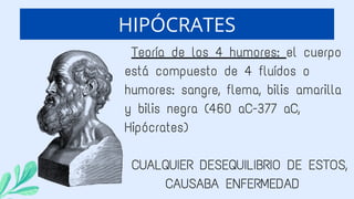 Teoría de los 4 humores: el cuerpo
está compuesto de 4 fluídos o
humores: sangre, flema, bilis amarilla
y bilis negra (460 aC-377 aC,
Hipócrates)
CUALQUIER DESEQUILIBRIO DE ESTOS,
CAUSABA ENFERMEDAD
HIPÓCRATES
 