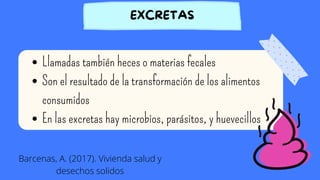 Llamadas también heces o materias fecales
Son el resultado de la transformación de los alimentos
consumidos
En las excretas hay microbios, parásitos, y huevecillos
EXCRETAS
Barcenas, A. (2017). Vivienda salud y
desechos solidos
 