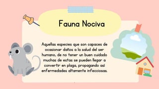 Fauna Nociva
Aquellas especies que son capaces de
ocasionar daños a la salud del ser
humano, de no tener un buen cuidado
muchas de estas se pueden llegar a
convertir en plaga, propagando así
enfermedades altamente infecciosas.
.
 