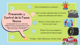 3
2
1
4
5 Proteger y aislar habitaciones, oficinas, locales
Tener una buena educación sobre el correcto
manejo de la eliminación de la basura
Mantener una buena higiene dentro y
fuera de nuestro hogar
Eliminar focos de propagación y
concentración de algunas plagas
Evitar principalmente su presencia
Prevención y
Control de la Fauna
Nociva
Es indispensable tomar en cuenta estas
medidas de control y prevención para no tener
riesgos, en caso de ser algo más grave es
importante acudir a un profesional
 