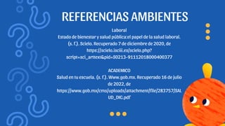 REFERENCIAS AMBIENTES
Laboral
Estado de bienestar y salud pública:el papel de la salud laboral.
(s. f.). Scielo. Recuperado 7 de diciembre de 2020, de
https://scielo.isciii.es/scielo.php?
script=sci_arttext&pid=S0213-91112018000400377
ACADEMICO
Salud en tu escuela. (s. f.). Www.gob.mx. Recuperado 16 de julio
de 2022, de
https://www.gob.mx/cms/uploads/attachment/file/283757/SAL
UD_DIG.pdf
 