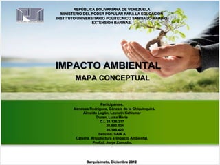REPÚBLICA BOLIVARIANA DE VENEZUELA
MINISTERIO DEL PODER POPULAR PARA LA EDUCACION
INSTITUTO UNIVERSITARIO POLITECNICO SANTIAGO MARIÑO
EXTENSION BARINAS.
IMPACTO AMBIENTAL
MAPA CONCEPTUAL
Participantes.
Mendoza Rodríguez, Génesis de la Chiquinquirá.
Almeida Legón, Layneth Kehismer
Duran, Luisa Maria
C.I. 21.126.217
20.890.524
20.349.422
Sección. SAIA A
Cátedra. Arquitectura e Impacto Ambiental.
Prof(a). Jorge Zamudio.
.
Barquisimeto, Diciembre 2012