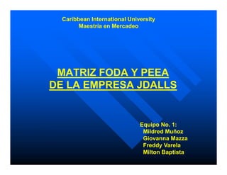 Caribbean International University
        Maestría en Mercadeo




 MATRIZ FODA Y PEEA
DE LA EMPRESA JDALLS


                              Equipo No. 1:
                               Mildred Muñoz
                               Giovanna Mazza
                               Freddy Varela
                               Milton Baptista
 