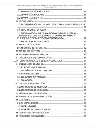 TESIS PROFESIONAL: HOSPITAL GENERAL “DE LA COMUNIDAD DE GUTIÉRREZ ZAMORA”,
VERACRUZ, 2018.
2.2.1 PANORAMA INTERNACIONAL ............................................................ 14
2.2.2 PANORAMA NACIONAL ....................................................................... 16
2.2.3 PANORAMA ESTATAL ......................................................................... 17
2.3 MARCO LEGAL ........................................................................................... 18
2.3.1 CONSTITUCIÓN POLÍTICA DE LOS ESTADOS UNIDOS MEXICANOS
........................................................................................................................ 18
2.3.2 LEY GENERAL DE SALUD ................................................................... 19
2.3.3 NORMA OFICIAL MEXICANA NOM-007-SSA2-2016, PARA LA
ATENCIÓN DE LA MUJER DURANTE EL EMBARAZO, PARTO Y
PUERPERIO, Y DE LA PERSONA RECIÉN NACIDA.................................... 27
2.3.4 GUIA DE PRACTICA CLINICA.............................................................. 29
2.4 MARCO REFERENCIAL.............................................................................. 32
2.4.1 ESTUDIO DE REFERENCIA................................................................. 32
2.5 MARCO CONCEPTUAL .............................................................................. 36
2.6 FACTORES PREDISPONENTES................................................................ 39
2.7 DESCRIPCION DE LA PATOLOGÍA ........................................................... 47
CAPITULO 3 METODOLOGÍA DE LA INVESTIGACIÓN ..................................... 53
3.1 DISEÑO METODOLÓGICO......................................................................... 54
3.1.1 TIPO DE INVESTIGACIÓN ................................................................... 54
3.1.2 DISEÑO DE LA INVESTIGACIÓN......................................................... 54
3.1.3 TIPO DE ESTUDIO................................................................................ 55
3.1.4 UNIVERSO DE TRABAJO..................................................................... 55
3.1.5 UNIVERSO............................................................................................ 56
3.2 CRITERIOS DE SELECCIÓN...................................................................... 56
3.2.1 CRITERIOS DE INCLUSIÓN................................................................. 56
3.2.2 CRITERIOS DE EXCLUSIÓN................................................................ 56
3.3 INSTRUMENTO DE MEDICIÓN.................................................................. 57
3.4 HIPOTESIS DE LA INVESTIGACIÓN.......................................................... 57
3.5 VARIABLES ................................................................................................. 57
3.5.1 INDEPENDIENTE.................................................................................. 57
3.5.2 DEPENDIENTE ..................................................................................... 57
3.5.3 VARIABLES OPERACIONALES: .......................................................... 58
3.6 LIMITES DE LA INVESTIGACIÓN............................................................... 59
3.7 RECURSOS DISPONIBLES........................................................................ 59
 