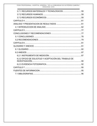 TESIS PROFESIONAL: HOSPITAL GENERAL “DE LA COMUNIDAD DE GUTIÉRREZ ZAMORA”,
VERACRUZ, 2018.
3.7.1 RECURSOS MATERIALES Y TECNOLÓGICOS.................................. 59
3.7.2 RECURSOS HUMANOS: ...................................................................... 59
3.7.3 RECURSOS ECONÓMICOS:................................................................ 59
CAPITULO 4 ......................................................................................................... 61
ANALISIS Y PRESENTACION DE RESULTADOS .............................................. 61
4.1 INTRODUCCION DE ANALISIS .................................................................. 62
CAPITULO 5 ......................................................................................................... 77
CONCLUSIONES Y RECOMENDACIONES ........................................................ 77
5.1 CONCLUSIONES ........................................................................................ 78
5.2 RECOMENDACIONES ................................................................................ 79
CAPITULO 6 ......................................................................................................... 81
GLOSARIO Y ANEXOS ........................................................................................ 81
6.1 GLOSARIO .................................................................................................. 82
6.2 ANEXOS ...................................................................................................... 87
6.2.1 INSTRUMENTO DE MEDICIÓN............................................................ 87
6.2.2 OFICIO DE SOLICITUD Y ACEPTACIÓN DEL TRABAJO DE
INVESTIGACIÓN............................................................................................ 90
6.2.3 EVIDENCIA FOTOGRAFICA................................................................. 92
CAPITULO 7 ......................................................................................................... 95
FUENTES DE INFORMACION ............................................................................. 95
7.1 BIBLIOGRAFIAS.......................................................................................... 96
 