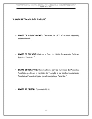 TESIS PROFESIONAL: HOSPITAL GENERAL “DE LA COMUNIDAD DE GUTIÉRREZ ZAMORA”,
VERACRUZ, 2018.
9
1.6 DELIMITACIÓN DEL ESTUDIO
 LIMITE DE CONOCIMIENTO: Gestantes de 25-35 años en el segundo y
tercer trimestre
 LIMITE DE ESPACIO: Calle de la Cruz, No.15 Col. Providencia, Gutiérrez
Zamora, Veracruz. (1)

LIMITE GEOGRAFICO: Colinda al norte con los municipios de Papantla y
Tecolutla; al este con el municipio de Tecolutla; al sur con los municipios de
Tecolutla y Papantla al oeste con el municipio de Papantla. (2)
 LIMITE DE TIEMPO: Enero-junio 2018
 