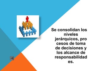 Se consolidan los
      niveles
 jerárquicos, pro
  cesos de toma
  de decisiones y
  los alcance de
 responsabilidad
        es.
 