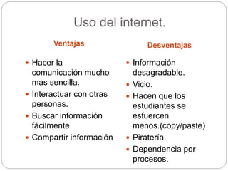 Uso del internet.
Ventajas Desventajas
 Hacer la
comunicación mucho
mas sencilla.
 Interactuar con otras
personas.
 Buscar información
fácilmente.
 Compartir información
 Información
desagradable.
 Vicio.
 Hacen que los
estudiantes se
esfuercen
menos.(copy/paste)
 Piratería.
 Dependencia por
procesos.
 