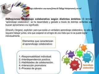 1.-Responsabilidad individual.
2.-Interdependencia positiva.
3.-Habilidades de colaboración.
4.-Interacción promotora.
5.-Proceso de grupo.
Aprendizaje colaborativo: una nuevaformade Diálogo Interpersonaly en red
Definiciones de trabajo colaborativo según distintos ámbitos: El término
“aprendizaje colaborativo”, se ha desarrollado y gestado a través de distintas vertientes que
buscan aproximarse a su significado.
(Driscoll y Vergara), explicitan: para que exista un verdadero aprendizaje colaborativo, no sólo se
requiere trabajar juntos, sino que cooperar en el logro de una meta que no se puede lograr
individualmente.
Elementos que caracterizan
el aprendizaje colaborativo:
 