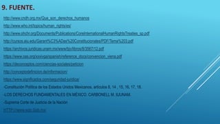 9. FUENTE.
http://www.cndh.org.mx/Que_son_derechos_humanos
http://www.who.int/topics/human_rights/es/
http://www.ohchr.org/Documents/Publications/CoreInternationalHumanRightsTreaties_sp.pdf
http://cursos.aiu.edu/Garant%C3%ADas%20Constitucionales/PDF/Tema%203.pdf
https://archivos.juridicas.unam.mx/www/bjv/libros/8/3567/12.pdf
https://www.oas.org/xxxivga/spanish/reference_docs/convencion_viena.pdf
https://deconceptos.com/ciencias-sociales/peticion
http://conceptodefinicion.de/informacion/
https://www.significados.com/seguridad-juridica/
-Constitución Política de los Estados Unidos Mexicanos, artículos 8, 14 , 15, 16, 17, 18.
-LOS DERECHOS FUNDAMENTALES EN MÉXICO. CARBONELL M. IIJUNAM.
-Suprema Corte de Justicia de la Nación
HTTP:///www.scjn.Gob.mx/
 