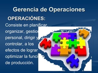 Gerencia de OperacionesGerencia de Operaciones
OPERACIÓNES:OPERACIÓNES:
Consiste en planificar,
organizar, gestionar
personal, dirigir y
controlar, a los
efectos de lograr
optimizar la función
de producción.
 