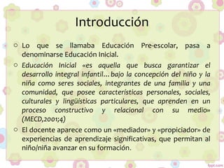 Introducción
o Lo que se llamaba Educación Pre-escolar, pasa a
denominarse Educación Inicial.
o Educación Inicial «es aquella que busca garantizar el
desarrollo integral infantil…bajo la concepción del niño y la
niña como seres sociales, integrantes de una familia y una
comunidad, que posee características personales, sociales,
culturales y lingüísticas particulares, que aprenden en un
proceso constructivo y relacional con su medio»
(MECD,2001;4)
o El docente aparece como un «mediador» y «propiciador» de
experiencias de aprendizaje significativas, que permitan al
niño/niña avanzar en su formación.