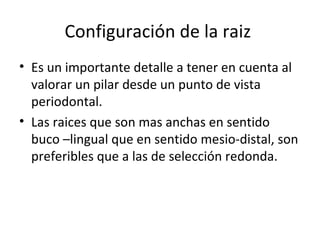 Configuración de la raiz
• Es un importante detalle a tener en cuenta al
  valorar un pilar desde un punto de vista
  periodontal.
• Las raices que son mas anchas en sentido
  buco –lingual que en sentido mesio-distal, son
  preferibles que a las de selección redonda.
 