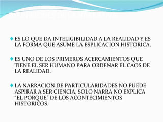 DEFINICIONES DE LA NARRATIVA ES LO QUE DA INTELIGIBILIDAD A LA REALIDAD Y ES LA FORMA QUE ASUME LA ESPLICACION HISTORICA. ES UNO DE LOS PRIMEROS ACERCAMIENTOS QUE TIENE EL SER HUMANO PARA ORDENAR EL CAOS DE LA REALIDAD. LA NARRACION DE PARTICULARIDADES NO PUEDE ASPIRAR A SER CIENCIA, SOLO NARRA NO EXPLICA “EL PORQUE” DE LOS ACONTECIMIENTOS HISTORICOS. 