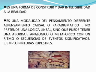 ES UNA FORMA DE CONSTRUIR Y DAR INTELIGIBILIDAD A LA REALIDAD. ES UNA MODALIDAD DEL PENSAMIENTO DIFERENTE ALPENSAMIENTO CAUSAL O PARADIGMATICO , NO PRETENDE UNA LOGICA LINEAL, SINO QUE PUEDE TENER UNA ABORDAJE ANALOGICO O METAFORICO CON UN RITMO O SECUENCIAS DE EVENTOS SIGNIFICATIVOS. EJEMPLO PINTURAS RUPESTRES. 