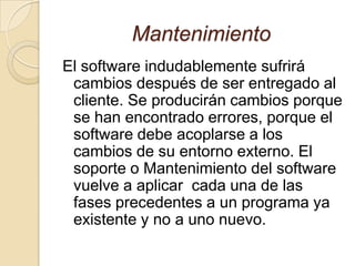 PruebasUna vez que se ha generado el código, comienzan las pruebas del programa. Este proceso se centra en los procesos lógicos internos del software, asegurando que todas las sentencias se han comprobado, u en los procesos externos funcionales;  es decir, realizar las pruebas para la detección de errores, y asegurar que la entrada definida produce resultados reales de acuerdo con los resultados requeridos.