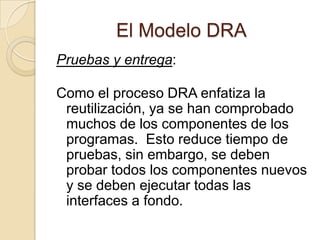 El Modelo DRAModelado del Proceso :Los objetos de datos definidos en la fase de modelado de datos quedan transformados para lograr el flujo de información necesario para implementar una función de gestión. Las descripciones del proceso se crean para añadir, modificar, suprimir o recuperar un objeto de datos.