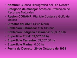 Nombre:  Cuenca Hidrográfica del Río Necaxa  Categoría de manejo:  Áreas de Protección de Recursos Naturales Región CONANP:  Planicie Costera y Golfo de México Director del ANP:  Silvia María Población Estimada:  126,138 hab. Población Indígena Estimada:  50,337 hab. Superficie Total: 39,557.00 ha Superficie Terrestre:  39,557.00 ha Superficie Marina:  0.00 ha Fecha de Decreto: 20 de Octubre de 1938 