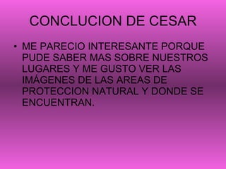 CONCLUCION DE CESAR ME PARECIO INTERESANTE PORQUE PUDE SABER MAS SOBRE NUESTROS LUGARES Y ME GUSTO VER LAS IMÁGENES DE LAS AREAS DE PROTECCION NATURAL Y DONDE SE ENCUENTRAN.  