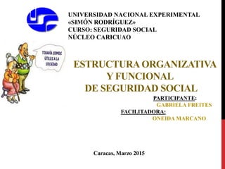 ESTRUCTURA ORGANIZATIVA
Y FUNCIONAL
DE SEGURIDAD SOCIAL
UNIVERSIDAD NACIONAL EXPERIMENTAL
«SIMÓN RODRÍGUEZ»
CURSO: SEGURIDAD SOCIAL
NÚCLEO CARICUAO
Caracas, Marzo 2015
PARTICIPANTE:
GABRIELA FREITES
FACILITADORA:
ONEIDA MARCANO
 