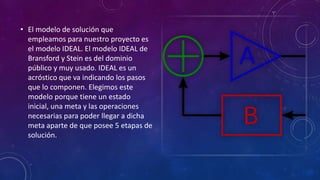 • El modelo de solución que
empleamos para nuestro proyecto es
el modelo IDEAL. El modelo IDEAL de
Bransford y Stein es del dominio
público y muy usado. IDEAL es un
acróstico que va indicando los pasos
que lo componen. Elegimos este
modelo porque tiene un estado
inicial, una meta y las operaciones
necesarias para poder llegar a dicha
meta aparte de que posee 5 etapas de
solución.
 