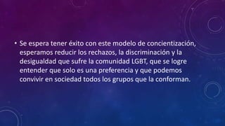 • Se espera tener éxito con este modelo de concientización,
esperamos reducir los rechazos, la discriminación y la
desigualdad que sufre la comunidad LGBT, que se logre
entender que solo es una preferencia y que podemos
convivir en sociedad todos los grupos que la conforman.
 