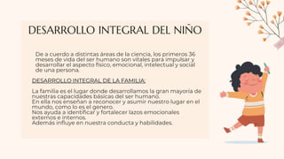 DESARROLLO INTEGRAL DEL NIÑO
De a cuerdo a distintas áreas de la ciencia, los primeros 36
meses de vida del ser humano son vitales para impulsar y
desarrollar el aspecto físico, emocional, intelectual y social
de una persona.
DESARROLLO INTEGRAL DE LA FAMILIA:
La familia es el lugar donde desarrollamos la gran mayoría de
nuestras capacidades básicas del ser humano.
En ella nos enseñan a reconocer y asumir nuestro lugar en el
mundo, como lo es el genero.
Nos ayuda a identificar y fortalecer lazos emocionales
externos e internos.
Además influye en nuestra conducta y habilidades.
 