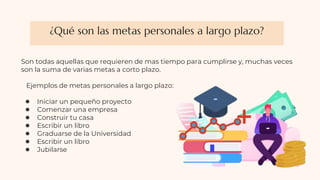 ¿Qué son las metas personales a largo plazo?
Son todas aquellas que requieren de mas tiempo para cumplirse y, muchas veces
son la suma de varias metas a corto plazo.
Ejemplos de metas personales a largo plazo:
● Iniciar un pequeño proyecto
● Comenzar una empresa
● Construir tu casa
● Escribir un libro
● Graduarse de la Universidad
● Escribir un libro
● Jubilarse
 