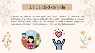 2.3 Calidad de vida
'Calidad de vida es un concepto que busca denotar el bienestar del
individuo en su más profundo entender de relación social, familiar y consigo
mismo. En México se traduce en satisfactores de salud, economía, seguridad,
educación, vivienda y medio ambiente.’ - Dr. Luis Dávila Maldonado
 