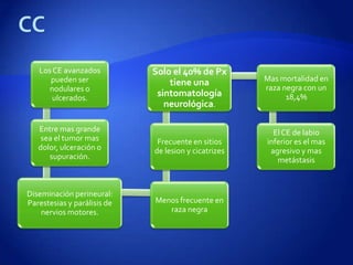 Los CE avanzados          Solo el 40% de Px
      pueden ser                                      Mas mortalidad en
                                 tiene una
      nodulares o                                     raza negra con un
       ulcerados.
                              sintomatología                18,4%
                                neurológica.

   Entre mas grande                                     El CE de labio
    sea el tumor mas          Frecuente en sitios     inferior es el mas
   dolor, ulceración o       de lesion y cicatrizes    agresivo y mas
      supuración.                                        metástasis



Diseminación perineural:
Parestesias y parálisis de   Menos frecuente en
    nervios motores.            raza negra
 