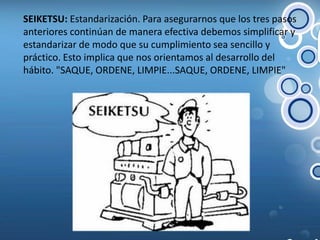 SEIKETSU: Estandarización. Para asegurarnos que los tres pasos anteriores continúan de manera efectiva debemos simplificar y estandarizar de modo que su cumplimiento sea sencillo y práctico. Esto implica que nos orientamos al desarrollo del hábito. "SAQUE, ORDENE, LIMPIE...SAQUE, ORDENE, LIMPIE"