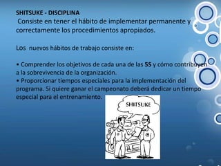 SHITSUKE - DISCIPLINA  Consiste en tener el hábito de implementar permanente y correctamente los procedimientos apropiados.Los  nuevos hábitos de trabajo consiste en:• Comprender los objetivos de cada una de las 5S y cómo contribuyen a la sobrevivencia de la organización.• Proporcionar tiempos especiales para la implementación del programa. Si quiere ganar el campeonato deberá dedicar un tiempo especial para el entrenamiento.