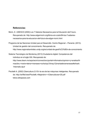 Referencias:
Morin, E. UNESCO (2000) Los 7 Saberes Necesarios para la Educación del Futuro.
Recuperado de: http://www.edgarmorin.org/libros-sin-costo/94-los-7-saberesnecesarios-para-la-educacion-del-futuro-de-edgar-morin.html
Programa de las Naciones Unidad para el Desarrollo. Centro Regional – Panamá. (2013).
Unidad de gestión del conocimiento. Recuperado de:
http://www.regionalcentrelac-undp.org/es/unidad-de-gesti%C3%B3n-de-conocimiento
Sistema Tecnologico de Monterrey (2013) Ciudadanía digital: Competencia del
individuo en el siglo XXI. Recuperado de:
http://www.itesm.mx/wps/wcm/connect/snc/portal+informativo/opinion+y+analisis/fir
mas/dra.+maria+elena+meneses+rocha/op(10may12)mariaelenameneses#sthash.
1rkbms6x.dpuf
Piscitelli A. (2002) Cibercultura 2.0 En la era de las máquinas inteligentes. Recuperado
de: http://wi/file/view/Piscitelli,+Alejandro+-+Ciberculturas+20.pdf
kilcie.wikispaces.com

17

 