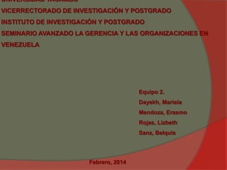 UNIVERSIDAD YACAMBÚ
VICERRECTORADO DE INVESTIGACIÓN Y POSTGRADO
INSTITUTO DE INVESTIGACIÓN Y POSTGRADO
SEMINARIO AVANZADO LA GERENCIA Y LAS ORGANIZACIONES EN

VENEZUELA

Equipo 2.
Dayekh, Mariela
Mendoza, Erasmo
Rojas, Lizbeth
Sanz, Belquis

Febrero, 2014

 